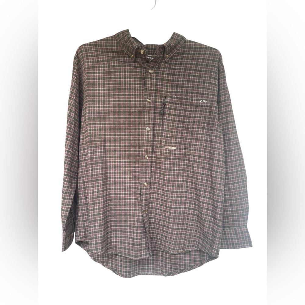 Drake Men’s Size Large Brown Plaid flannel Casual Button-Down Shirt pocket